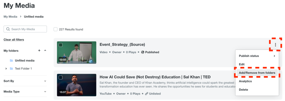 3 dot menu adding to a folder